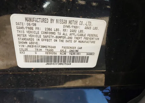 2008 Infiniti G35X from USA, damaged, VIN JNKBV61F38M275249